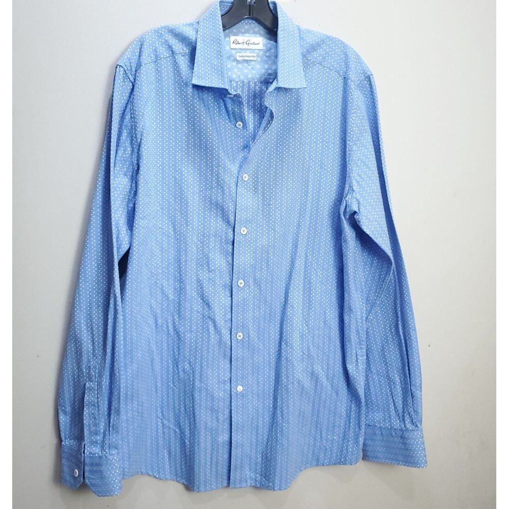 Robert Graham Flip Cuff Shirt Men's Size 17 Tailored Fit Blue Check Cotton Large